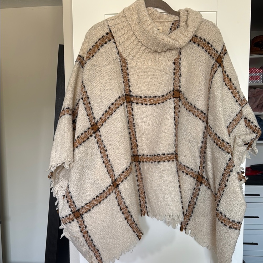 Cost Plus World Market Cream and Brown Poncho Sweater